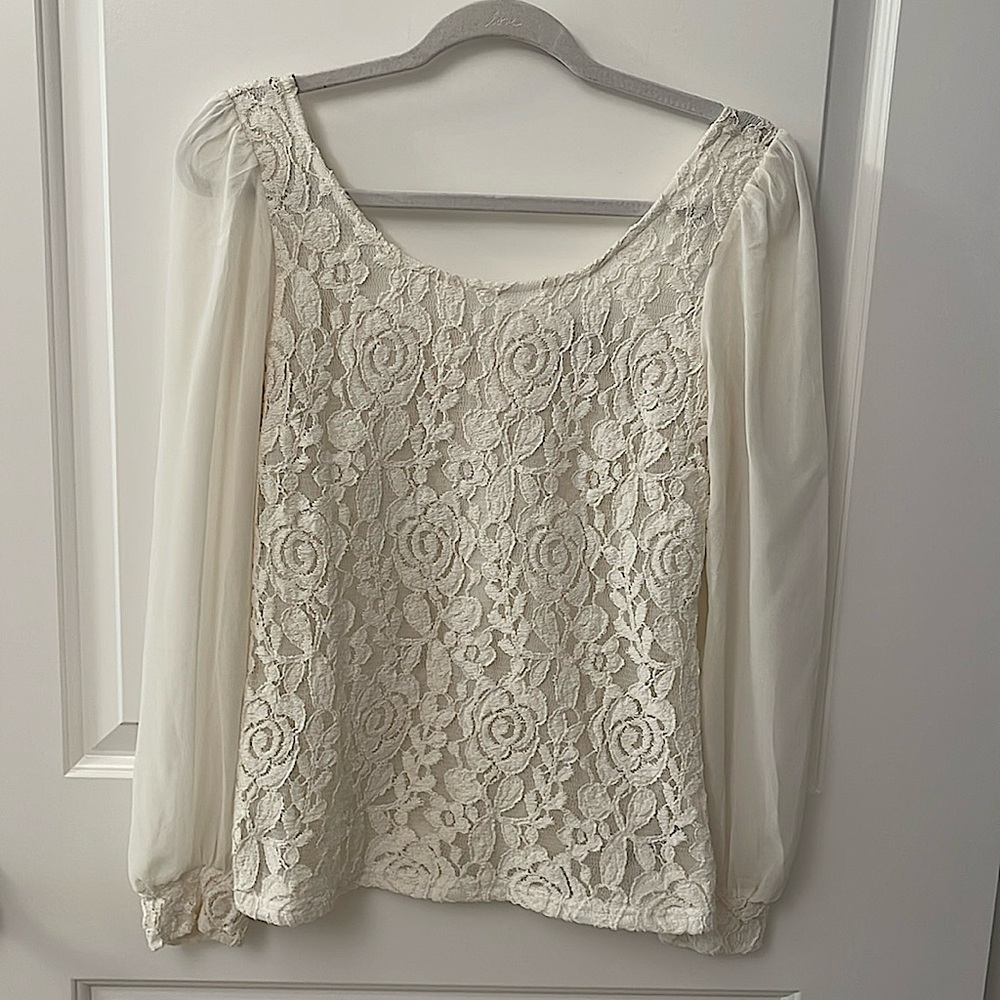 FOREVER 21 BLOUSE/Romantic/Lace/Sheer/Fitter/Zipper Back/long Sleeve/cuffed